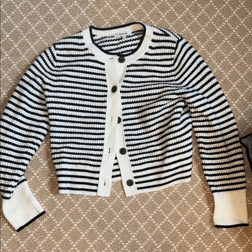 Striped Black and White Cropped Button Cardigan Sweater